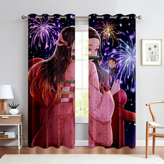 Yiran Furniture 3D-Anime-Vorhang Set mit Zeichentrick-Charakteren für Kinderzimmer, 2 Paneele, Multicolor, B: 50 cm, H: 130 cm - Bild 1