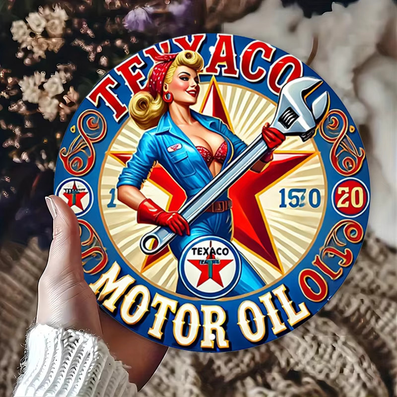 Rundes Texaco Motoröl Aluminiumschild im Vintage-Stil als Metallwandkunst mit Mechaniker-Thema - Bild 4