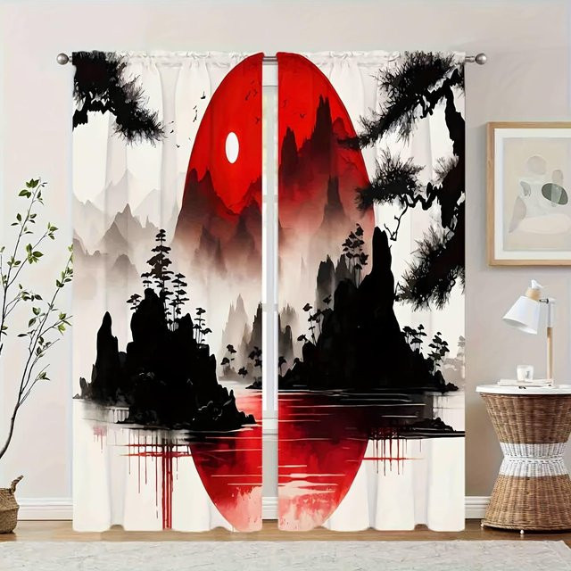 2-teiliger halbverdunkelnder Vorhang mit japanischem Landschafts- und Torii-Tor-Design aus Polyester, modern, mehrfarbig, B/H: 100 x 130 cm - Bild 1