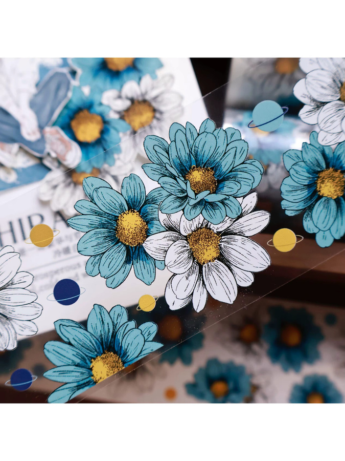 VanGogh Garden Washi Tape mit blauem Chrysanthemen-Blumenmuster und PET-Aufklebern - Bild 7