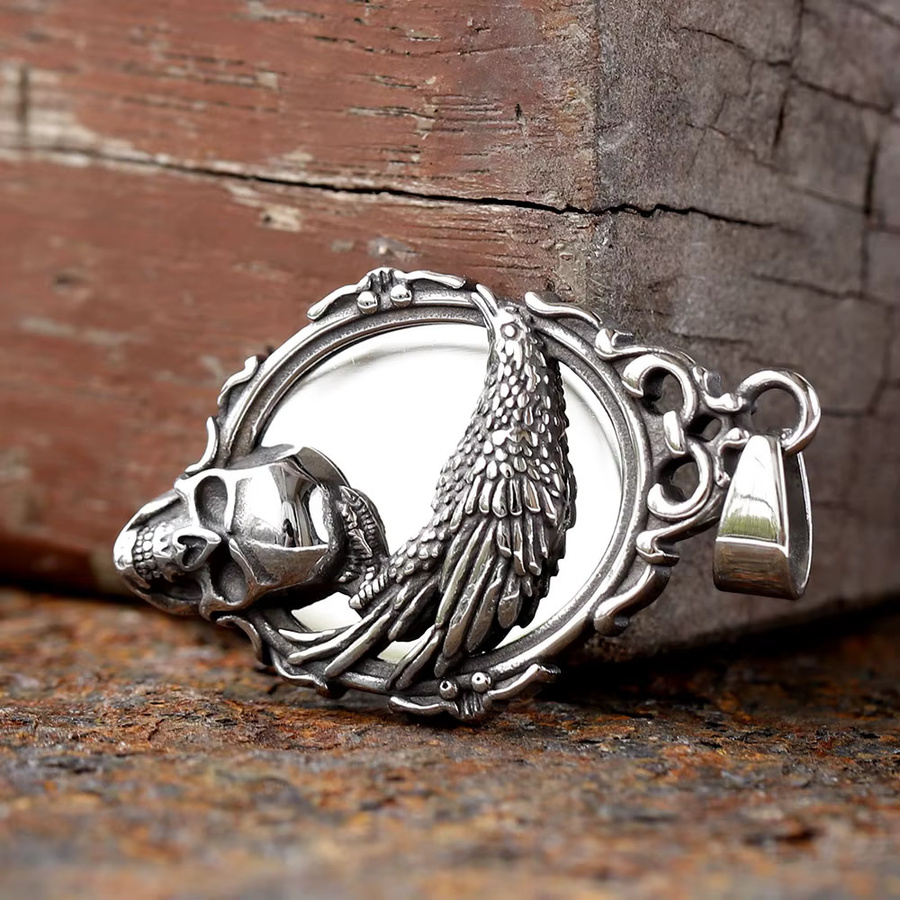 Halskette Edelstahl, Gothic, Schädel Kopf mit Krähe, Silber, Unisex - Bild 2