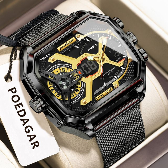 POEDAGAR Digitaluhr, Quarz, Edelstahl, Silber, Herren - Bild 1