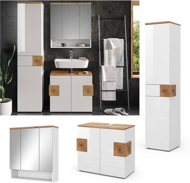 Vicco Badmöbel-Set Eden in Weiß und Artisan-Eiche, modernes 3-teiliges Badezimmer-Set bestehend aus Hochschrank, Spiegelschrank und Waschbeckenunterschrank - Bild 1