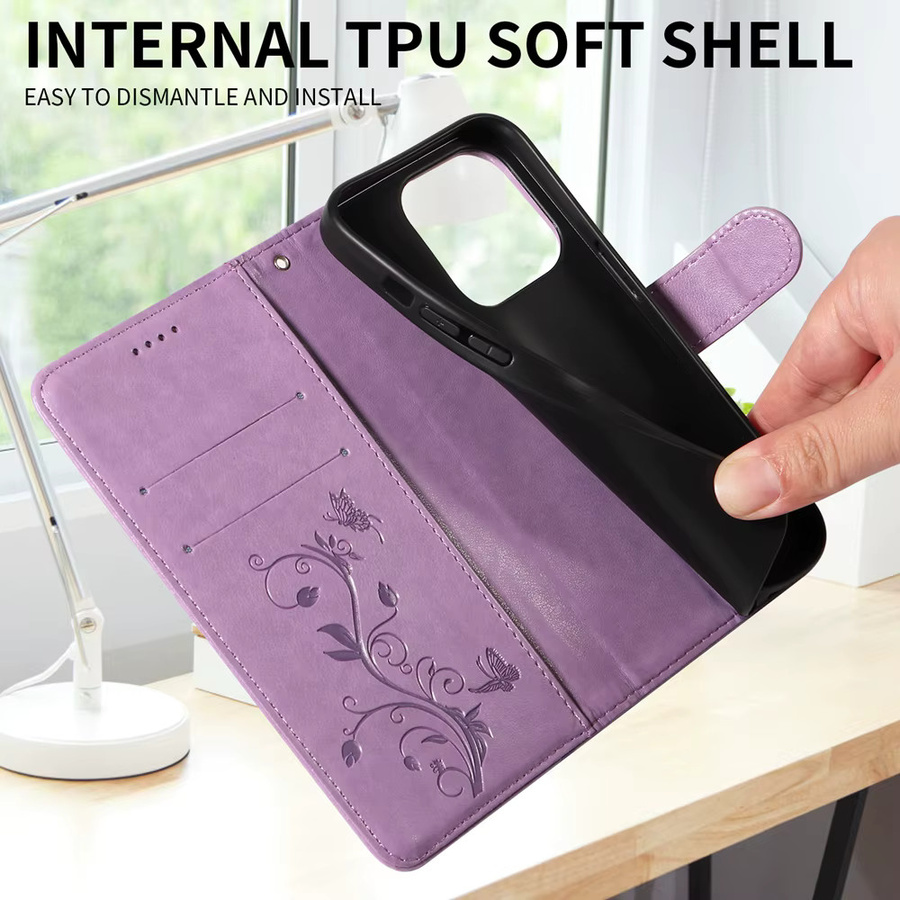Xiaomi Handyhülle aus Leder mit Schmetterlings-Blumen-Design in Lila für verschiedene Modelle inklusive Kartenfächern und Klappverschluss - Bild 4