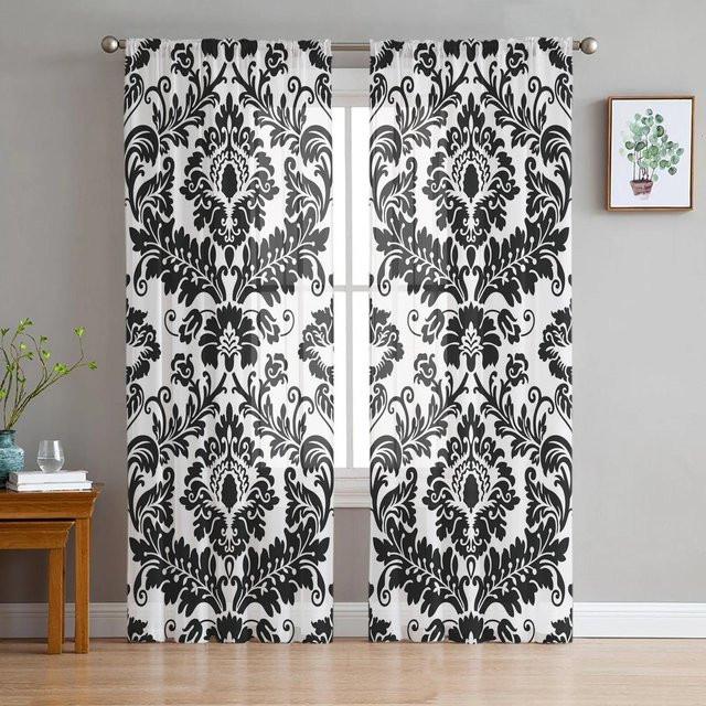Dekorativer Barock-Tüllvorhang von A Family Of Home Textiles in Schwarz-Weiß, transparentes Fensterpaneel mit grafischem Muster, Breite: 135 cm, Höhe: 183 cm - Bild 1