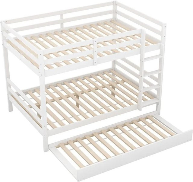 KOMHTOM Etagenbett für Kinder mit Ausziehbett und Treppe, Kiefer und MDF, Weiß, B/T/H: 140 x 200 x 145 cm - Bild 1
