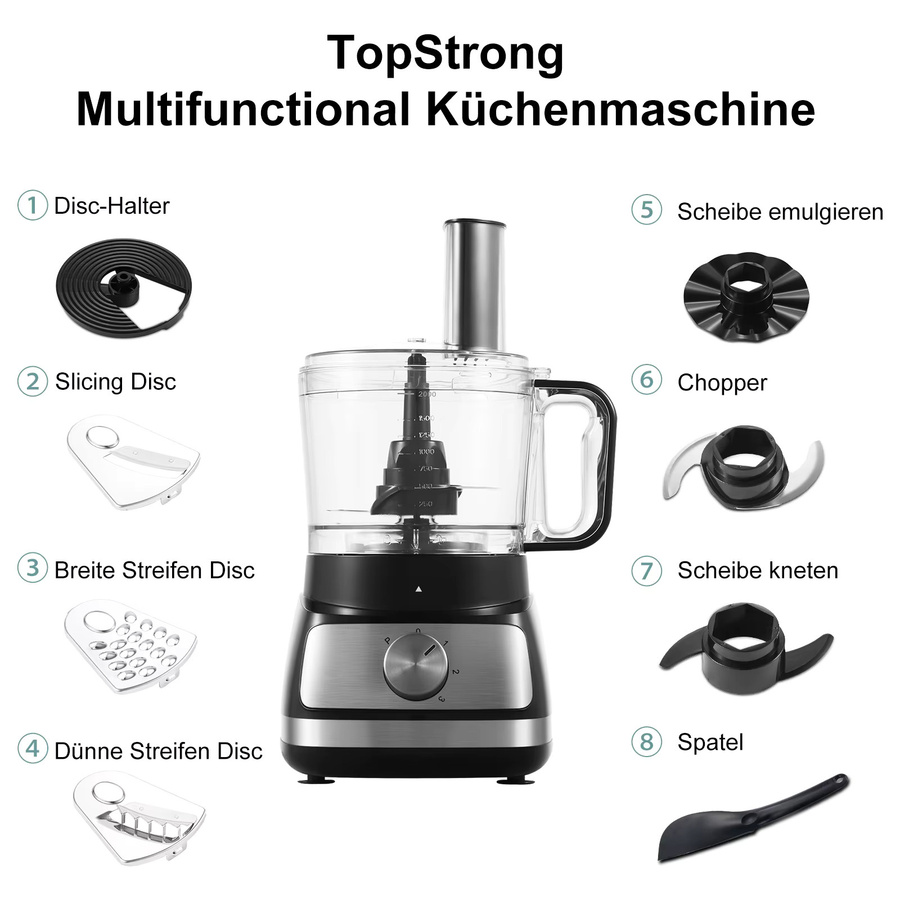 Topstrong 8-in-1 Fleischzerkleinerer Küchenmaschine in Silber mit 800W und 3 Geschwindigkeiten - Bild 2