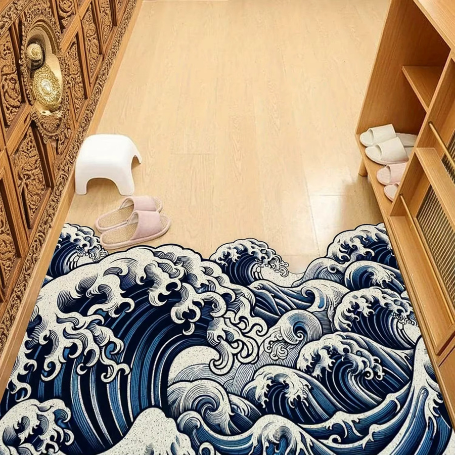 VIKAMA Rutschfester Bodenteppich Japanischer Ukiyo-E Great Wave in Blau für Badezimmer und Eingangsbereich - Bild 2