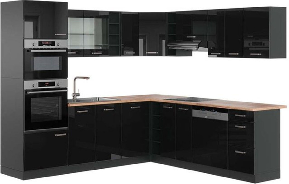 Vicco Eckküche R-Line Winkelküche in Schwarz Hochglanz, Anthrazit und Eiche, B/T/H: 247 x 60 x 82 cm - Bild 1