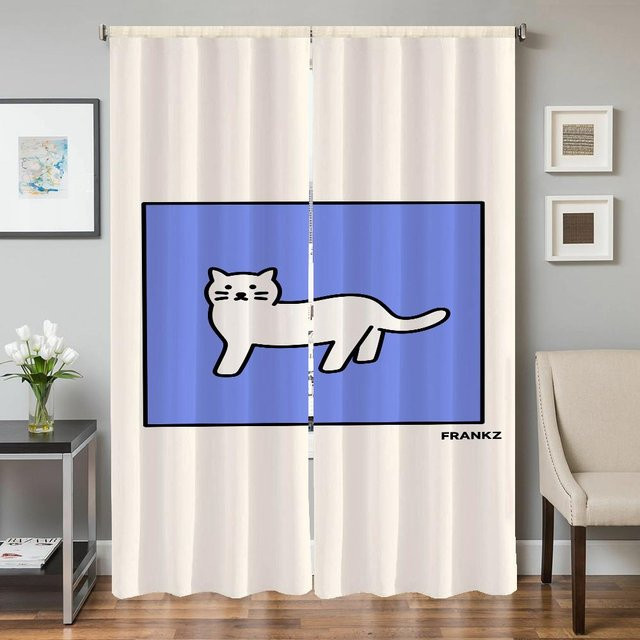 2er-Set Verdunkelungsvorhänge mit Katzen-Motiv für Wohnzimmer und Schlafzimmer, Farbe: Weiß, Breite: 50 cm, Höhe: 70 cm - Bild 1