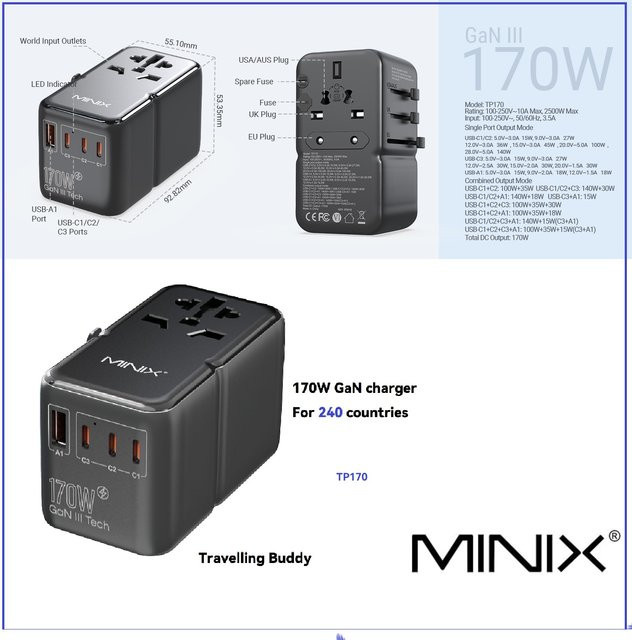 MINIX 170W Universal Reiseadapter GaN III Reiseladegerät in Schwarz mit 3 USB-C und 1 USB-A Anschlüssen - Bild 1