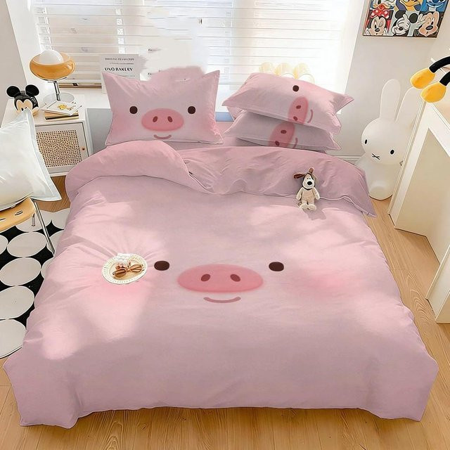 Flylo Kinder Bettwäsche Rosa Schwein Muster aus Mikrofaser, 3-teiliges Set mit Bettbezug und Kissenbezügen, B/H: 200 x 200 cm - Bild 1