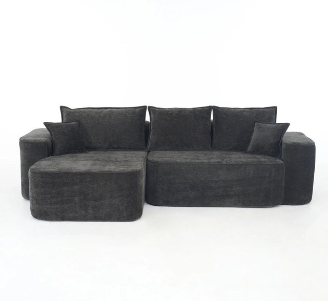 PXloue Stoffsofa Chaiselongue 4 Sitzer in L-Form aus Chenille mit Kissen und Seitentaschen, Schwarz - Bild 1