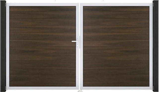 GroJa Solid Steckzaun Tor DIN Links EV1 Doppel-Tor aus Aluminium und BPC in Walnuss - Bild 1