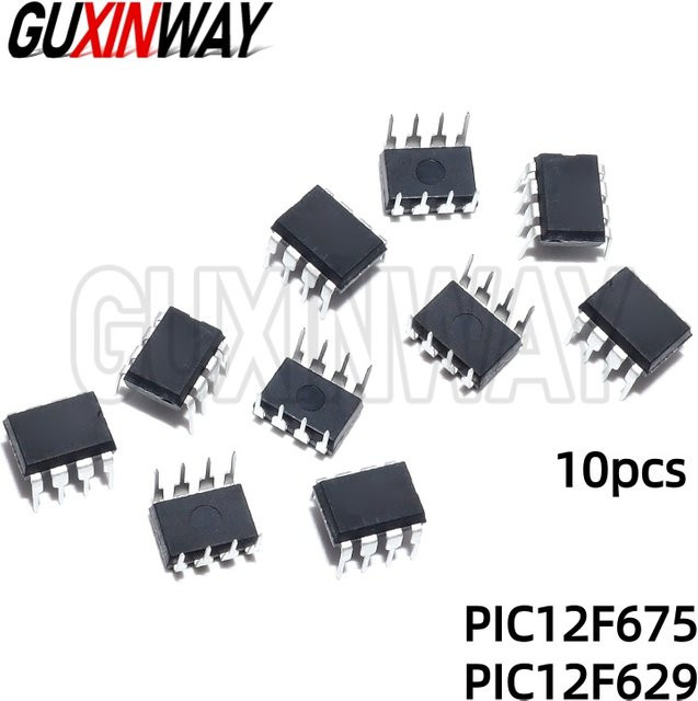 10er Set GUXINWAY PIC12F629-I/P und PIC12F675-I/P 8-Bit Flash Mikrocontroller in DIP-8 Gehäuse, Schwarz - Bild 1