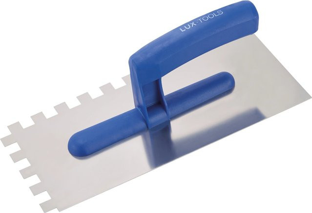 LUX-TOOLS Glättekelle aus Edelstahl in Blau mit 12 mm x 12 mm Zahnung, Breite: 27 cm - Bild 1