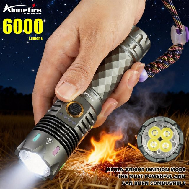 Alonefire Hochleistungs-Taschenlampe mit 4 LEDs und 6000 Lumen, wiederaufladbar via USB mit LCD-Anzeige, ideal für Outdoor, Jagd und Camping - Bild 1