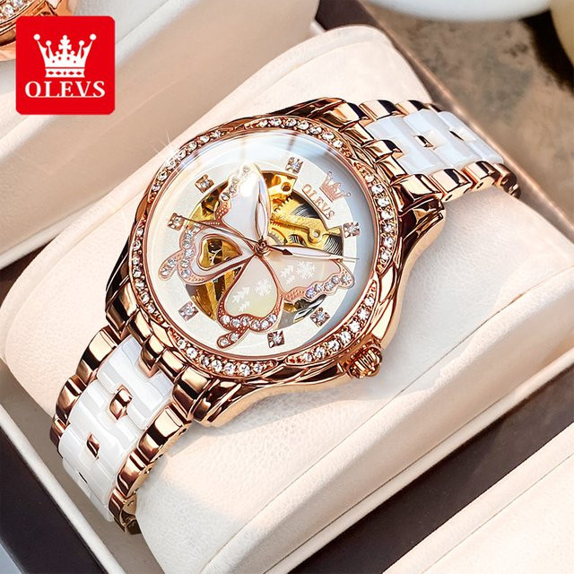 OLEVS Armbanduhr, Automatik, Edelstahl, Roségold, Diamant, Damen - Bild 1