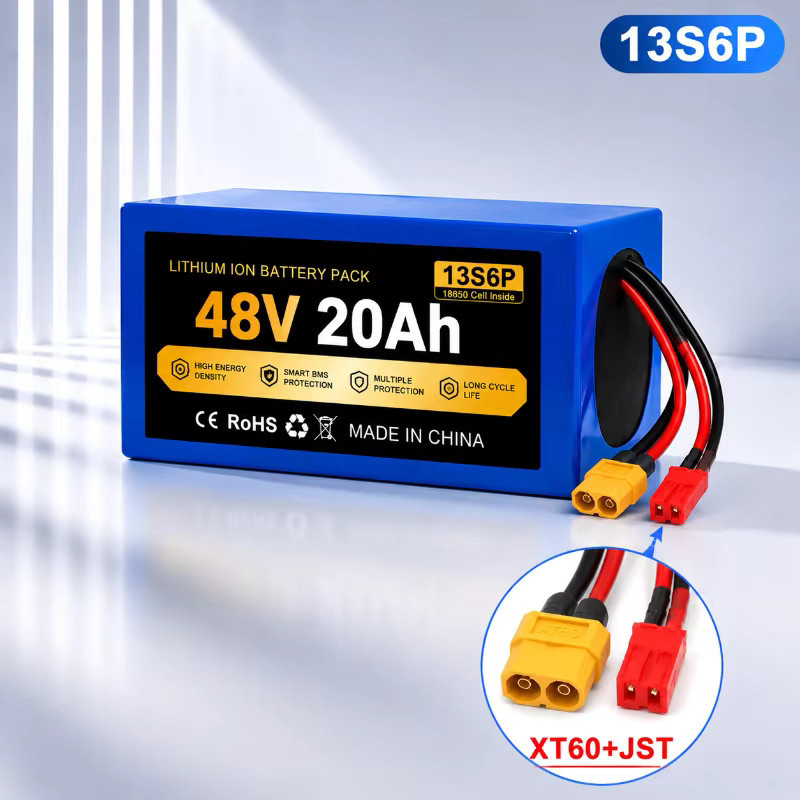 48V 20Ah Lithium-Ionen-Akku 13S6P mit 18650 Zellen und Smart BMS für E-Bike und E-Roller, Farbe: Blau, Anschlüsse: XT60 und JST - Bild 9