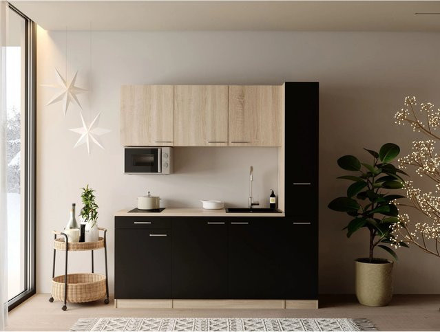 Respekta Ingrid Singleküche Schwarz mit Mikrowelle und Apothekenschrank, Breite: 180 cm, Höhe: 200 cm, Tiefe: 60 cm - Bild 1