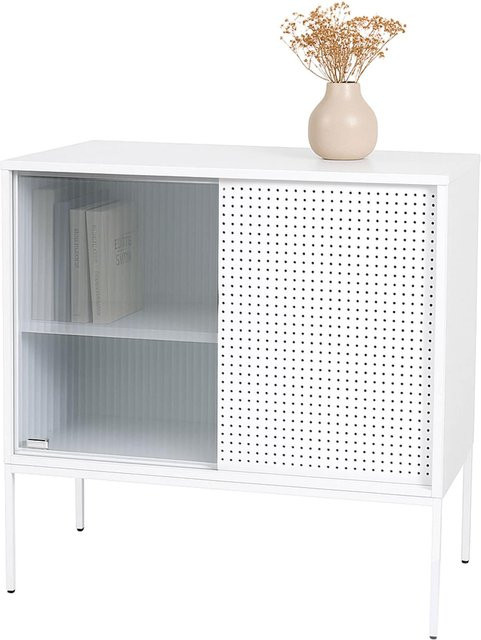 MCW Industrial Kommode O90 aus Metall mit Schiebetüren und Schilfglas in Weiß, B/T/H: 85 x 45 x 80 cm - Bild 1