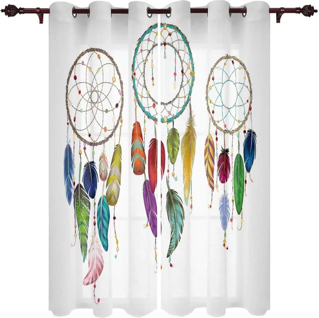 Bohemian Traumfänger Aquarell Feder Design Vorhang mit Ösen, transparent, Mehrfarbig, B: 100 cm, H: 130 cm - Bild 1