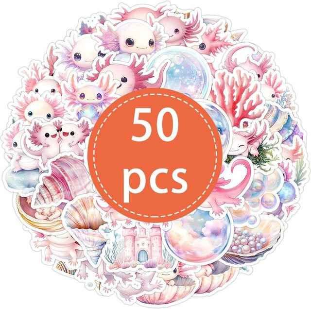 50 Stück Fashnics Axolotl Aufkleber in Rosa und Rot, wasserfeste Vinyl Tier Aufkleber für Laptop, Handy und Wasserflaschen - Bild 1