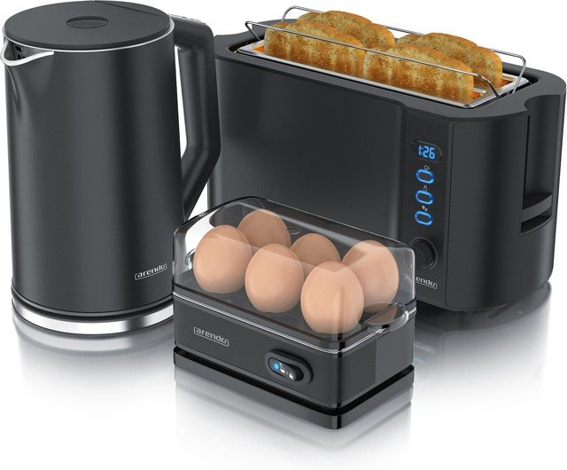 Arendo Frühstücks-Set in Schwarz mit Wasserkocher 1,5l, 4-Scheiben Toaster und 6er Eierkocher - Bild 1