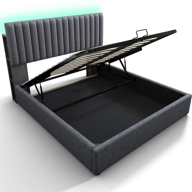 Merax Polsterbett Grau mit LED-Unterbettbeleuchtung, USB-C Ladeport, App-Steuerung und Stauraum B/T/H: 140 x 200 x 45,2 cm - Bild 1