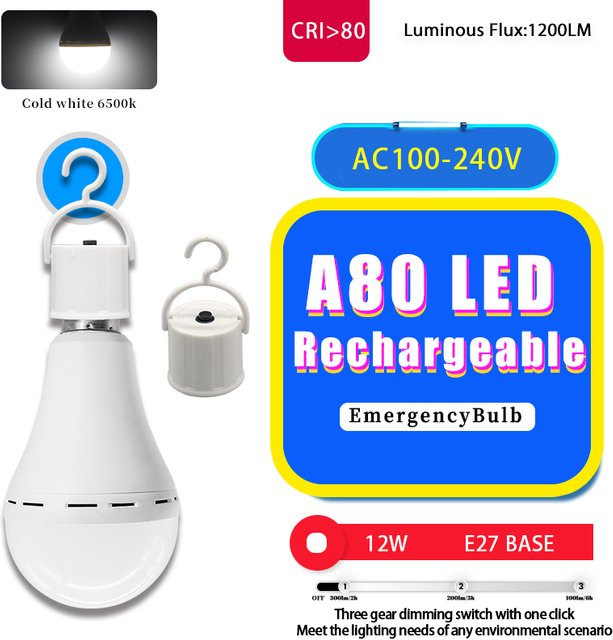 A80 E27 LED Notfall-Glühbirne mit 1500 mAh Akku, weißes Licht, wiederaufladbar für Zuhause und Outdoor - Bild 1