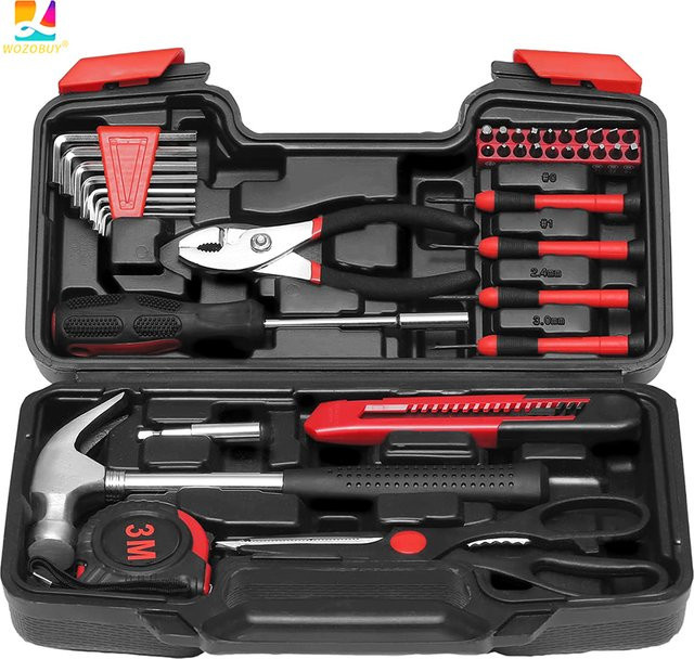 39-teiliges Handwerkzeugset von WOZOBUY in Rot mit Aufbewahrungskoffer inklusive Hammer, Zange, Schraubendrehern und Messer - Bild 1