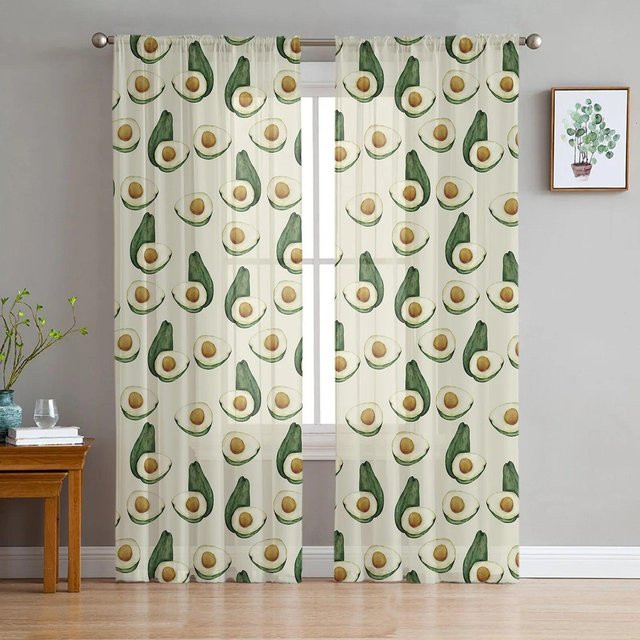 Transparente Tüllvorhänge mit Avocado-Print in Weiß und Grün, B: 135 cm, H: 114 cm - Bild 1