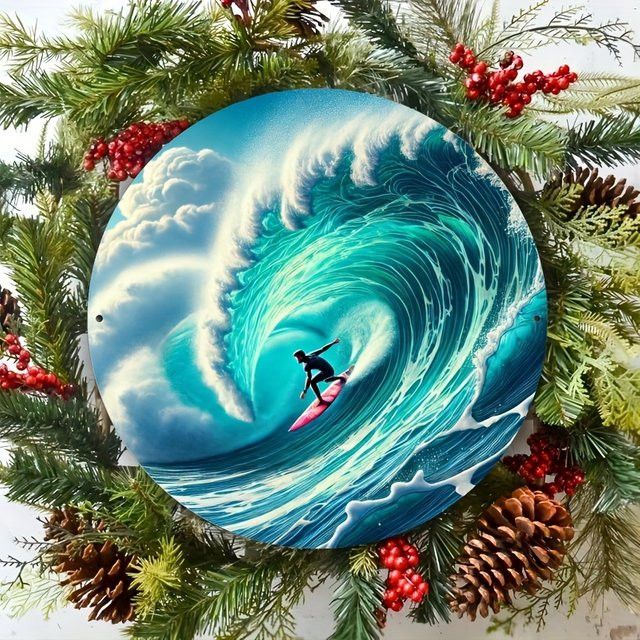 Potdemiel Runde Wandkunst aus Holz mit Vintage-Surfszene und Kiefern- sowie Beerenkranz-Design, Durchmesser: 20,32 cm - Bild 1