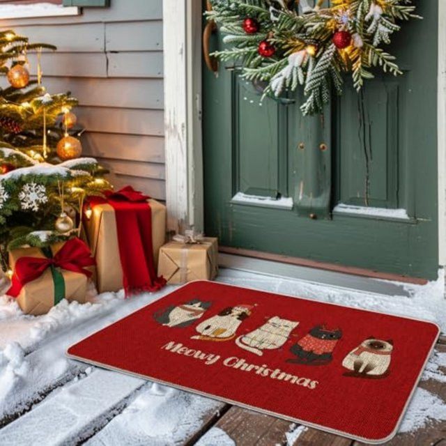 VIKAMA Rutschfeste Fußmatte mit Weihnachts-Cartoon-Katzen-Design in Rot für Eingangsbereich und Badezimmer - Bild 1