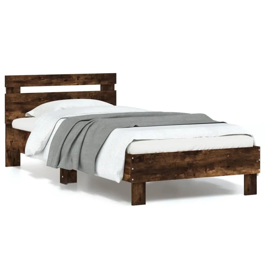 vidaXL Bettgestell mit Kopfteil, LED-Leuchten und USB-Anschluss in Räuchereiche, B/T/H: 90 x 190 x 95 cm - Bild 2