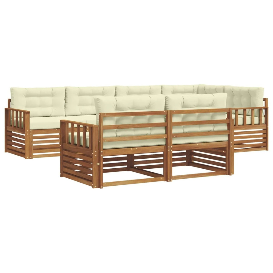 vidaXL Outdoor-Sofagarnitur 7-teilig in L-Form aus Akazienholz mit Kissen, Natur und Creme - Bild 2