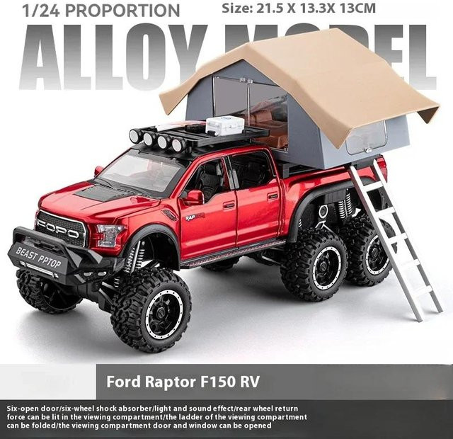 Linyi toy car Ford Raptor F150 Camping Wohnmobil Geländewagen Pickup Truck, Modellauto, 1:24, Metall, mit Sound & Licht, ab 14 Jahren - Bild 1