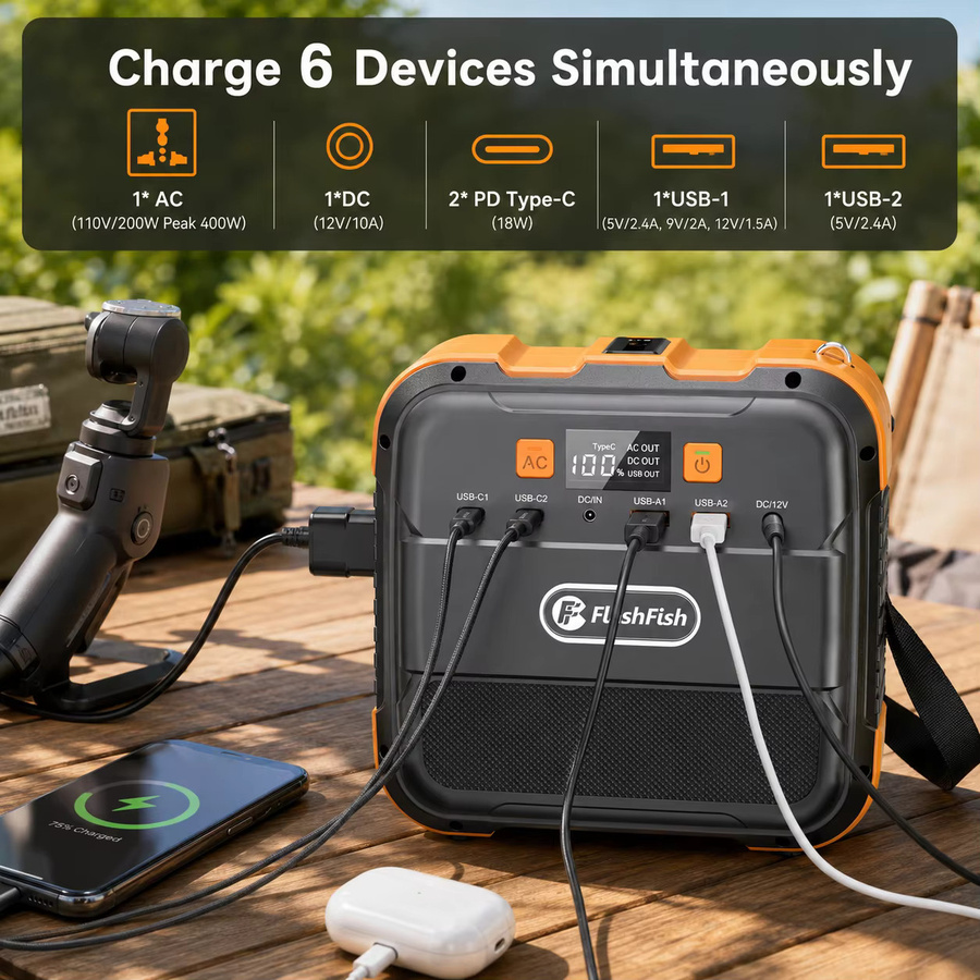 Tragbare Powerstation FlashFish A101 Solargenerator mit 120W Spitzenleistung, 98Wh Kapazität und Mehrfach-Ausgangsanschlüssen in Schwarz-Orange - Bild 3