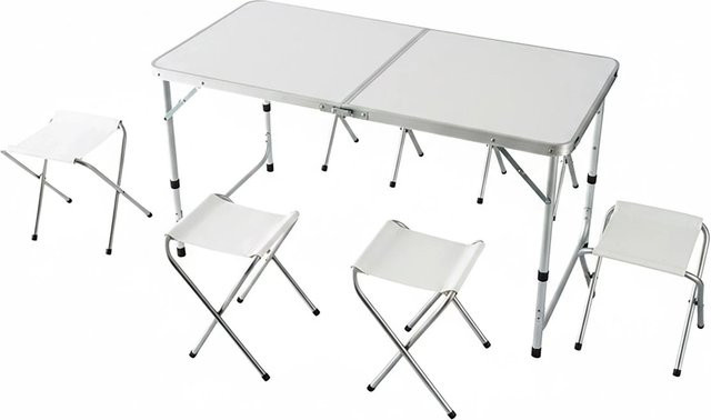 Relaxdays Campingtisch Set mit 4 Hockern in Weiß, höhenverstellbar und klappbar, B/T/H: 120 x 60 x 71 cm - Bild 1