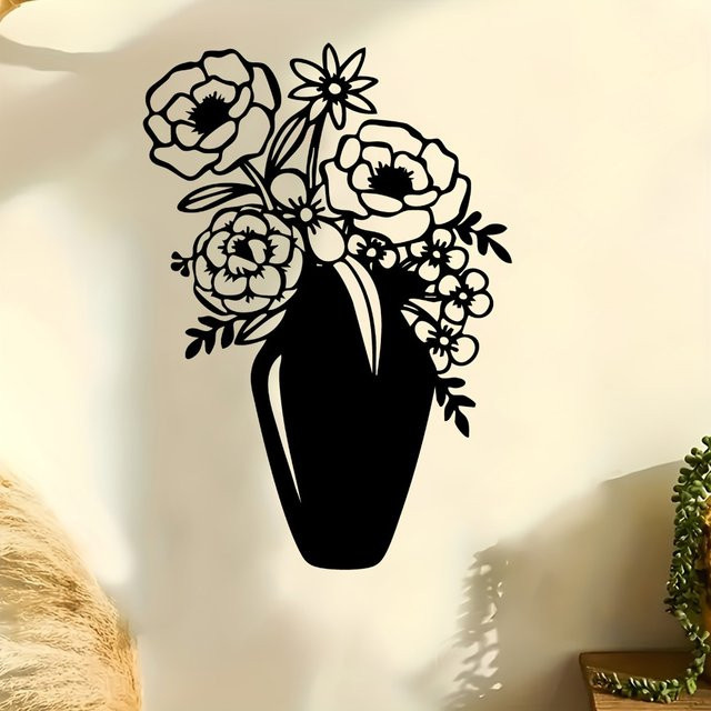 CIFBUY Metall-Wandkunst Vase als florale Blumenskulptur in Schwarz für Wohnzimmer und Garten - Bild 1