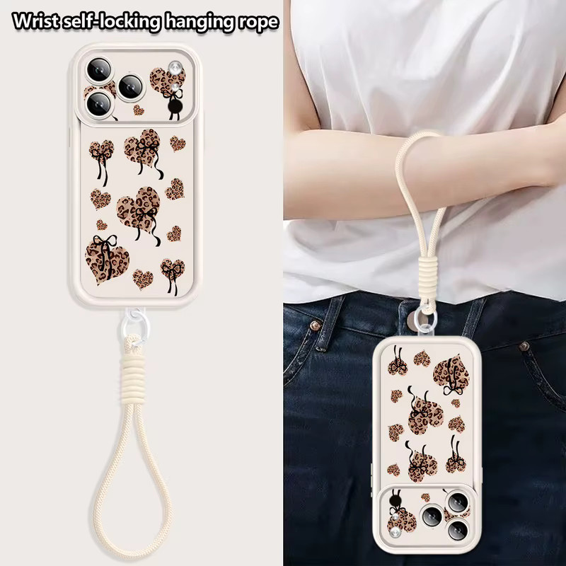 MOESOE Handyhülle mit Leopardenmuster, Herzen und Schleife sowie Wrist Strap für iPhone 17 16 15 14 13 12 Pro Max Air 16e 11, Farbe: Multicolour/Schwarz - Bild 2