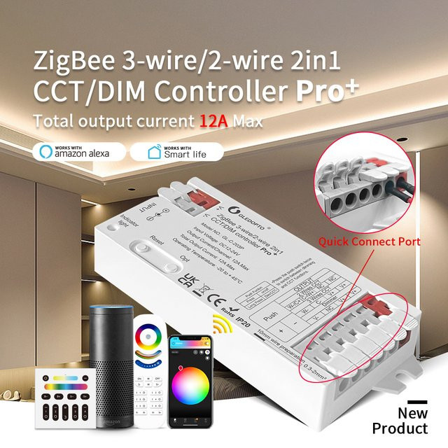 GLEDOPTO ZigBee 3.0 Pro+ 2-in-1 CCT Dimmer LED-Streifen-Controller für DC12-24V mit max. 12A, kompatibel mit Alexa und Homey App-Steuerung - Bild 1