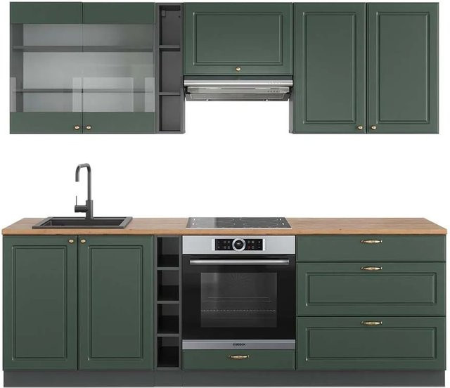 Vicco Fame-Line Küchenzeile Landhausstil in Grün, Gold und Anthrazit mit Eiche-Optik, Breite: 235 cm - Bild 1