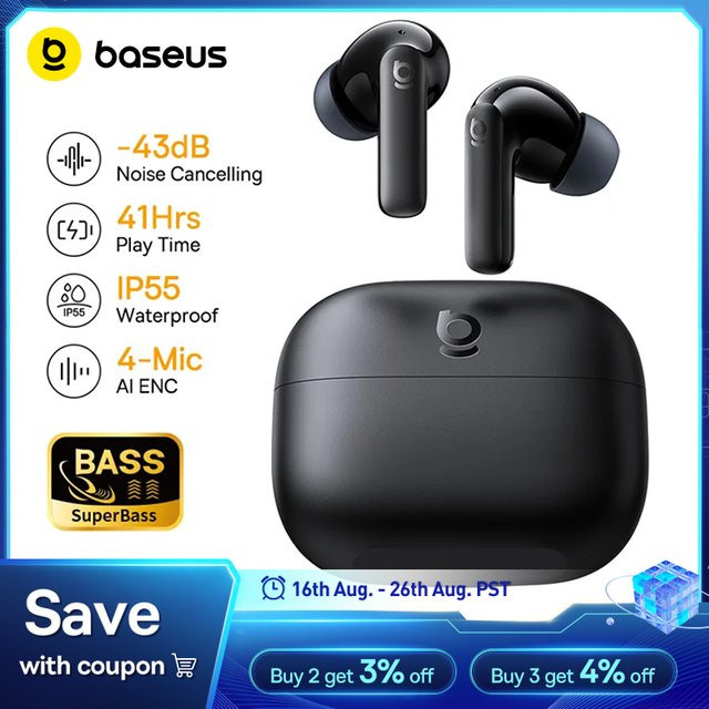 Baseus Bass EP10/BP1 NC True Wireless In-Ear Kopfhörer mit ANC Geräuschunterdrückung, Bluetooth 6.0 und 4 Mikrofonen, Schwarz - Bild 1