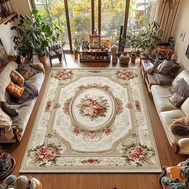 RAKKS Europa Licht Luxus Vintage Teppich mit floralem Blumenmuster als moderne Anti-skid Matte für dein Wohnzimmer oder Schlafzimmer - Bild 1