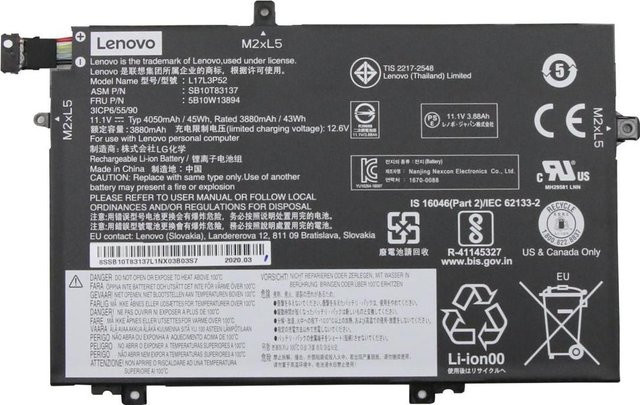 Lenovo LG Chem Laptop-Batterie Lithium-Ionen in Schwarz für ThinkPad L14 Gen 1, L14 Gen 2, L15 Gen 1, L15 Gen 2, L490, L590 mit 4050 mAh und 45 Wh (5B10W13894) - Bild 1