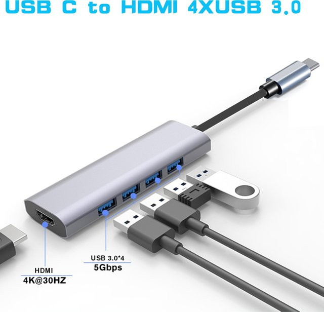 VBDWRM 5-in-1 USB-C zu HDMI Hub mit 4x USB 3.0 in Grau für MacBook Pro Air Mini, Dell XPS und iPhone 16 Plus, 4K UHD Unterstützung - Bild 1