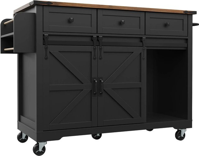 okwish Kücheninsel mit ausziehbarer Platte in Schwarz, modern mit Rollen, B/T/H: 140 x 73 x 94 cm - Bild 1