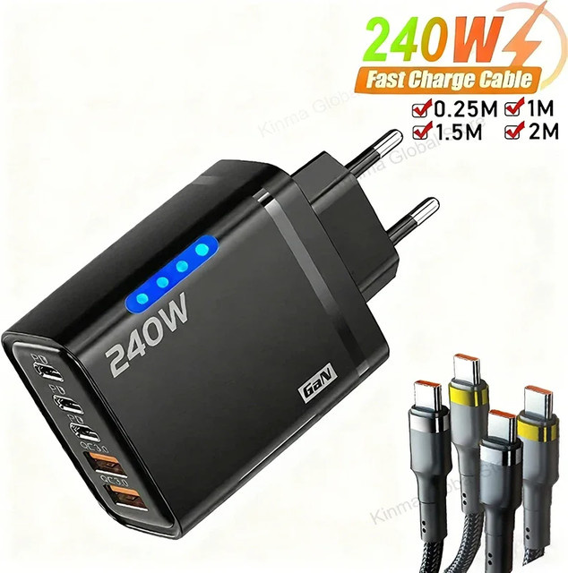 BMAD 5 in 1 GaN Desktop Ladegerät mit 240 W, Schnelles Ladegerät mit 3 PD und 2 USB Anschlüssen, Schwarz - Bild 1