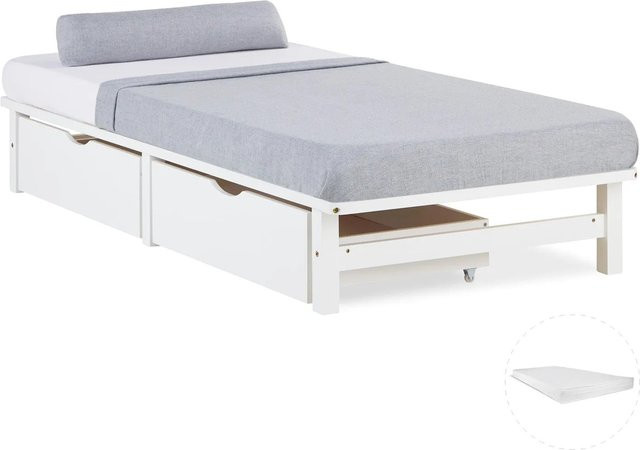 Homestyle4u Palettenbett Jugendbett aus Kiefernholz mit Matratze und 2 Bettkästen in Weiß, B/T/H: 90 x 200 x 28 cm - Bild 1